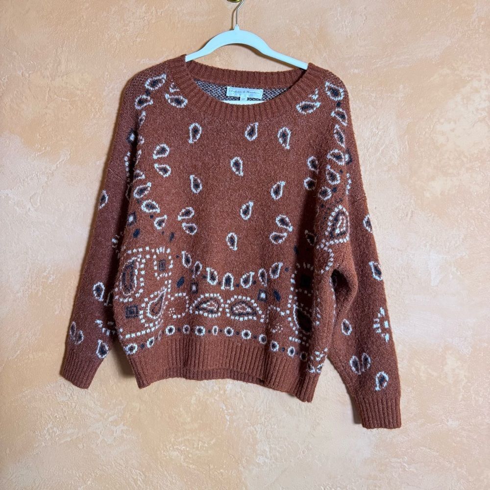Chelsea & Theodore Bandana Print Knit Sweater Cozy Boho Western